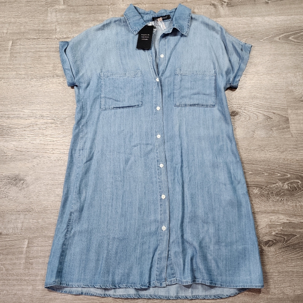 NWT ZILCREMO Blue Chambray Button Down Denim Shirt Dress Short Sleeve Medium